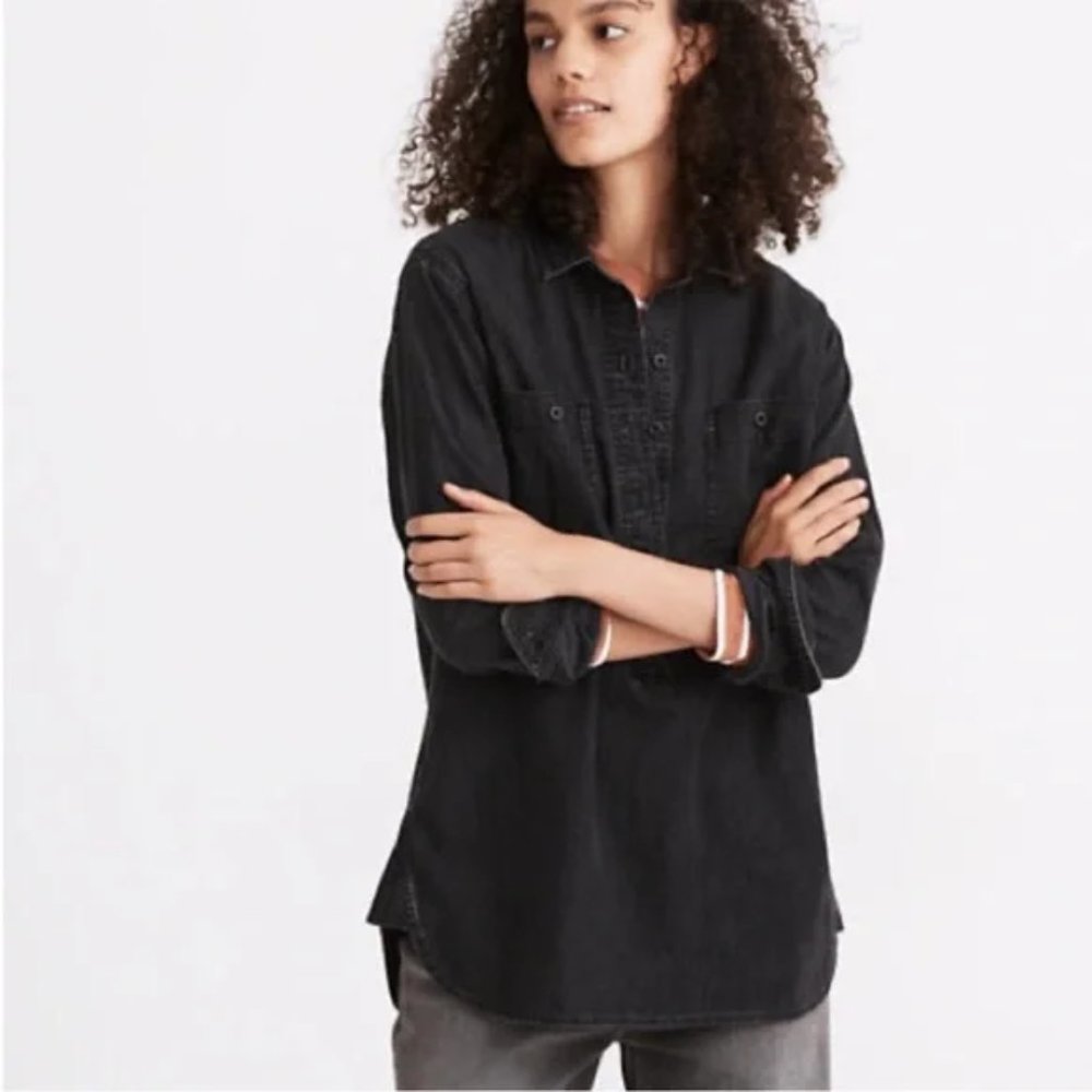 Madewell Faded or Washed Black Denim Popover Tunic Top Size XXS